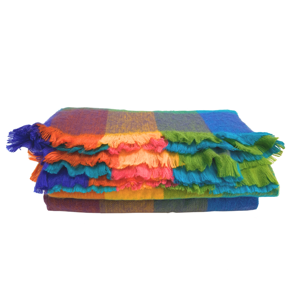 Pokoloko - Fringed Multi Check Double Blanket (Rainbow)